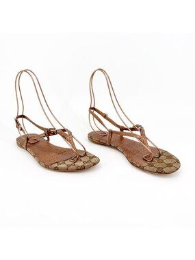 Gucci Bamboo GG Flat Thong Sandals Size 36 US 6 Beige Monogram Canvas Flop Flop